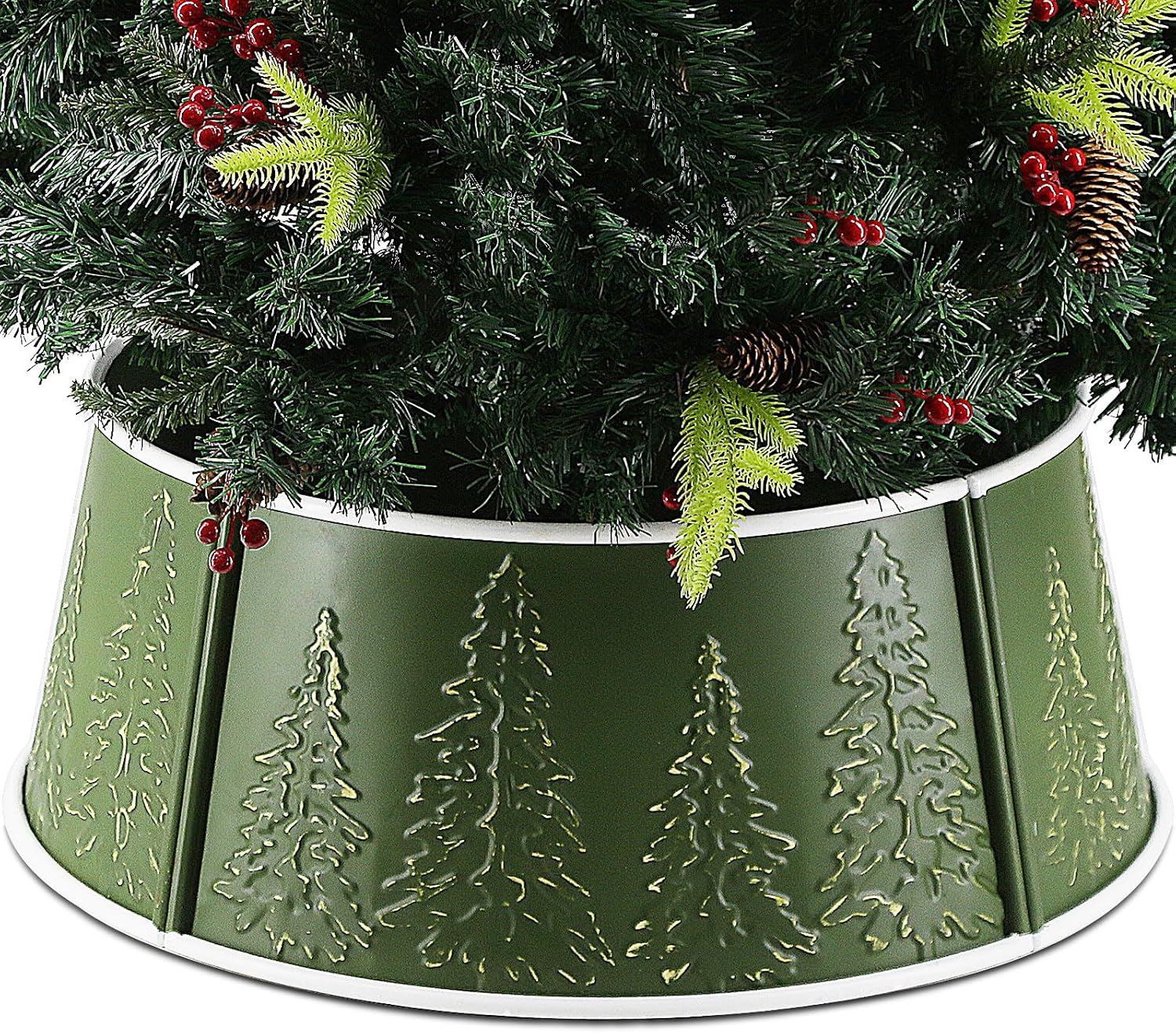 Metal Christmas Tree Collar, 26 in Round Christmas Tree Base Collar for Artificial Tree Decorations (Green Tree Style)