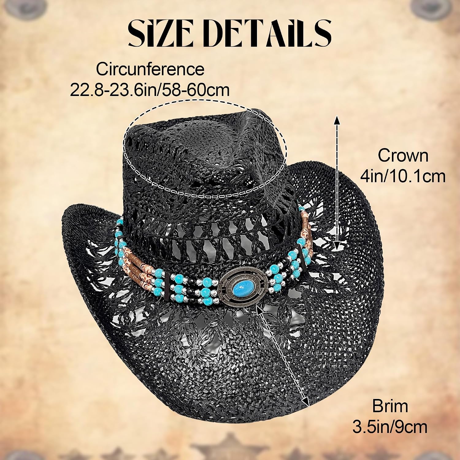 Carnavalife Western Straw Cowboy Hat for Men and Women with Beaded Band, Adjustable Boho Summer Festival Style