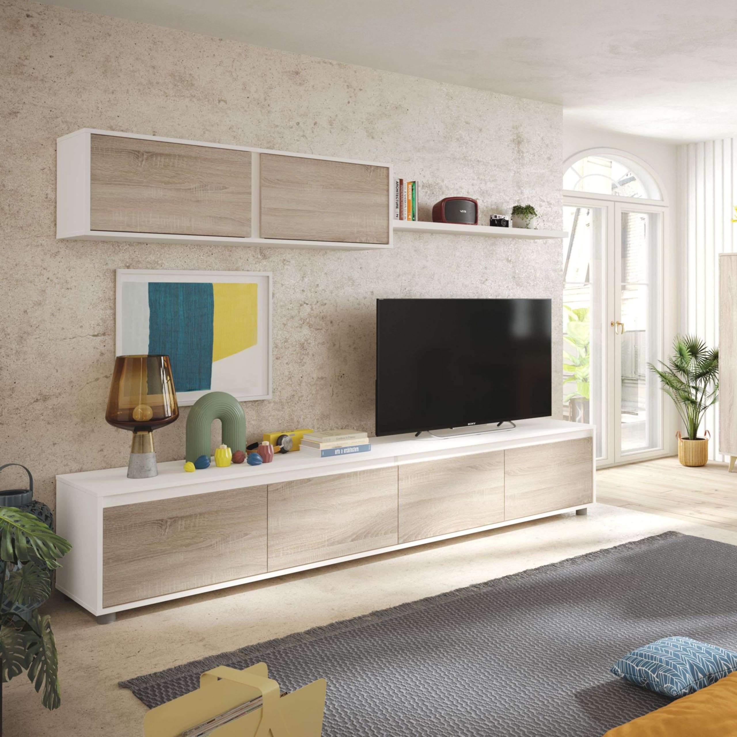 Miroytengo Conjunto para Salón con Mueble TV, módulo Superior y Estante en Color Roble Canadian y Blanco Mate 200cm