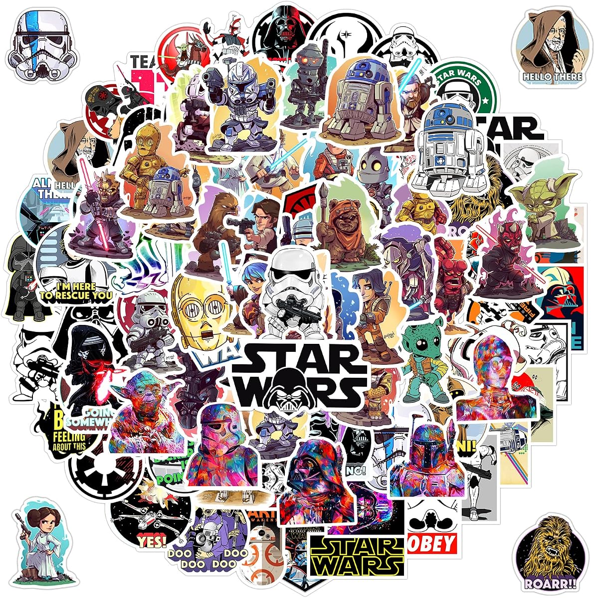 100pcs Star Wars Stickers for Kids Water Bottle, Cool Movie Vinyl Waterproof Decal for Girl Teen Adult Laptop Phone Skateboard Guitar Luggage Notebook Helmet