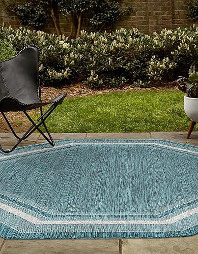 Vista 168 de Unique Loom - Colección Outdoor Border - Tapete para exteriores de borde suave - 5 pies 3 pulgadas x 8 pies, rectangular, azul/marfil azu/marfil