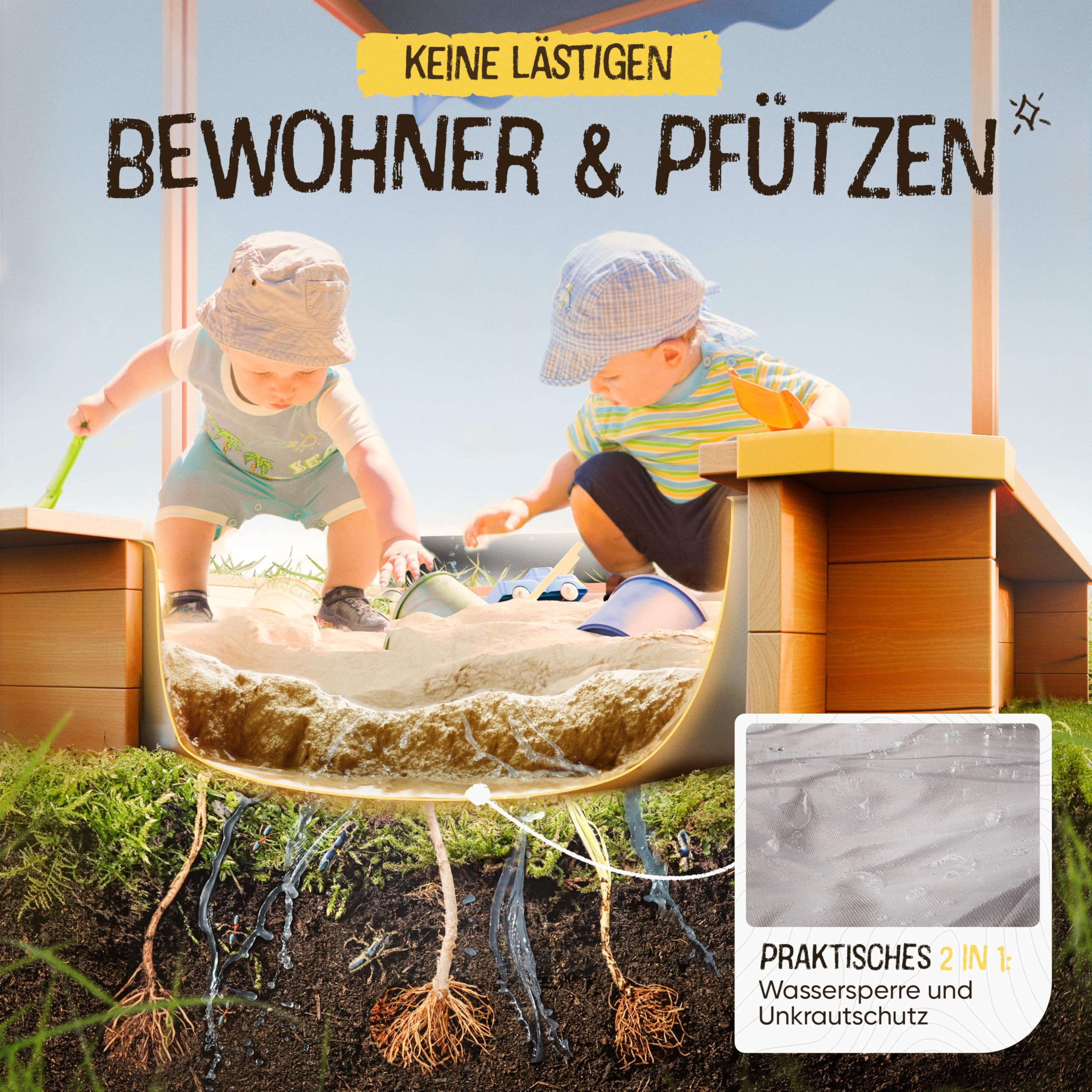 FRIEDO - Sandkasten mit Dach (UV80+) & Matschküche 140x140 cm - Sandkiste inklusive Bodenvlies gegen Unkraut und Ungeziefer - Sandkasten mit Abdeckung für Kinder (L - 140x140cm)