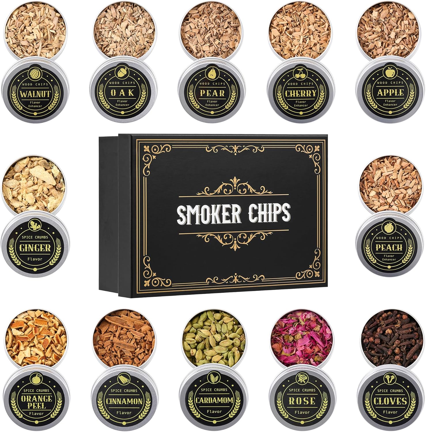 ComboJoy 12 Flavor Cocktail Smoker Wood Chips Gift Set for Men - Cinnamon, Cloves, Orange Peel, Cardamom, Rose, Ginger, Pear, Peach, Cherry, Apple, Oak, Walnut for Whiskey/Bourbon/Drinks Smoke Gun