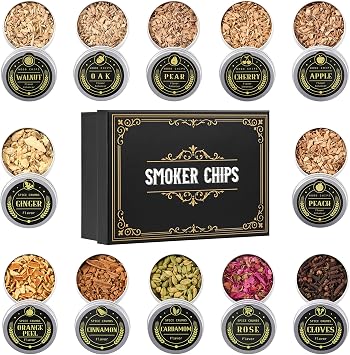 ComboJoy 12 Flavor Cocktail Smoker Wood Chips Gift Set for Men - Cinnamon, Cloves, Orange Peel, Cardamom, Rose, Ginger, Pear, Peach, Cherry, Apple, Oak, Walnut for Whiskey/Bourbon/Drinks Smoke Gun