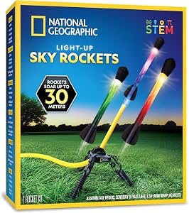 National Geographic Air Rocket Toy – LED Rocket Launcher for Kids, Jump & Launch Air Powered Foam Rockets up to 30.5 Meters, Kids Outdoor Activities