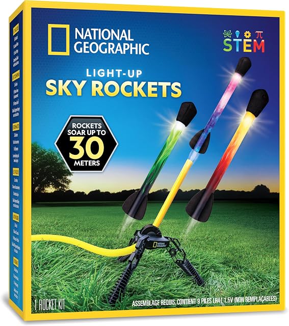 National Geographic Air Rocket Toy – LED Rocket Launcher for Kids, Jump & Launch Air Powered Foam Rockets up to 30.5 Meters, Kids Outdoor Activities