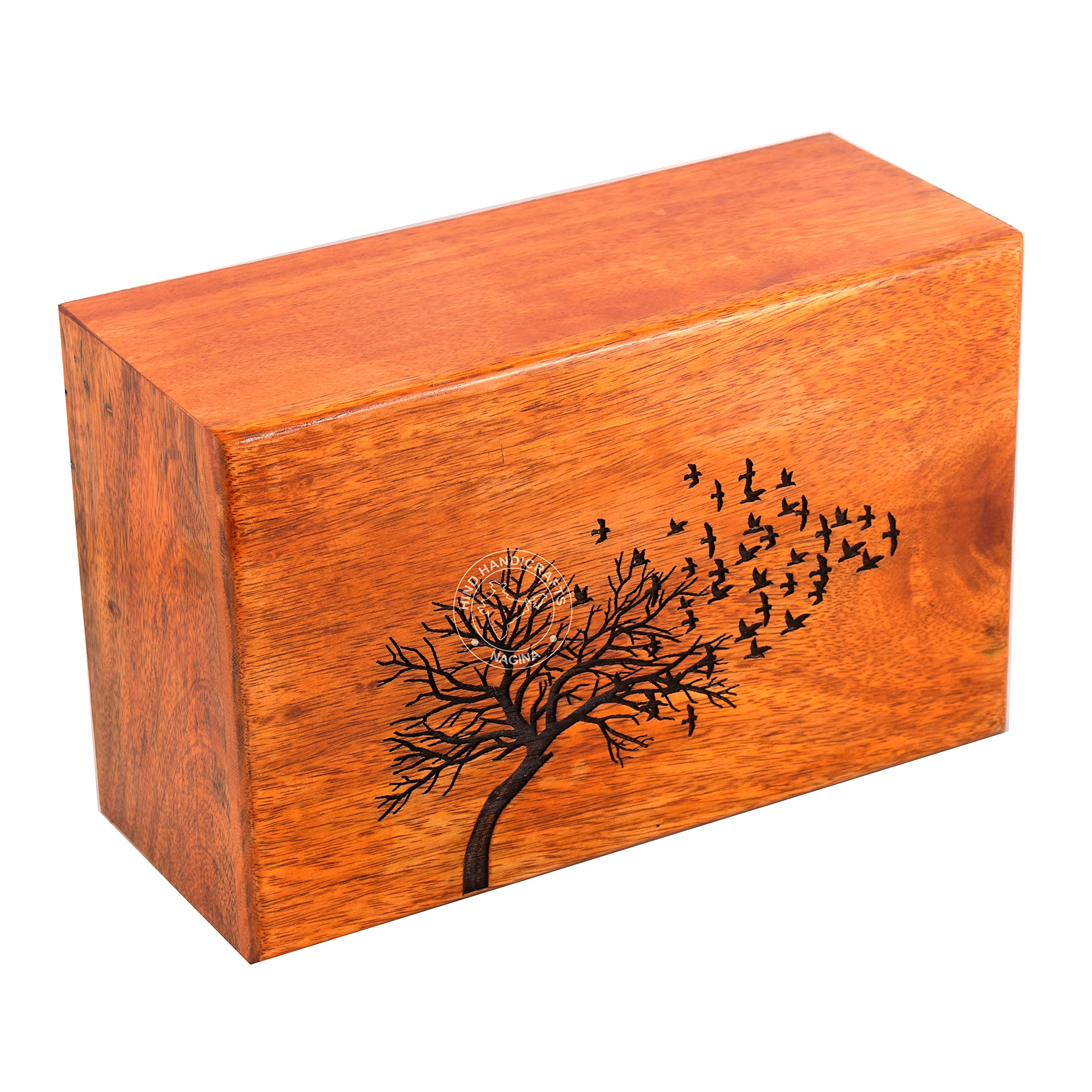 Urna Cremación Madera Árbol De La Vida – Grande Para Cenizas Humanas (250 Pulgadas Cúbicas) Con Grabado De Pájaro Volador