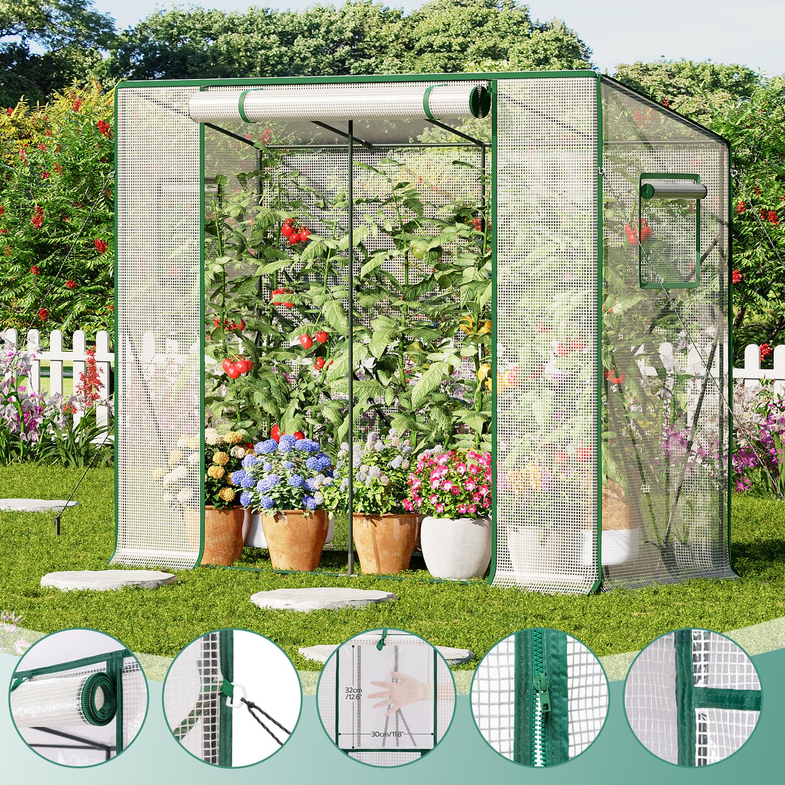 LARMNEE Tomaten Gewächshaus, Foliengewächshaus, Tomatengewächshaus Balkon, Tomatenhaus Stabil, 200 x 77,5 x 170 cm, mit PE Gitterfolie und Fernster, Schrägdach, Garten, Weiß EWT30GH02G3