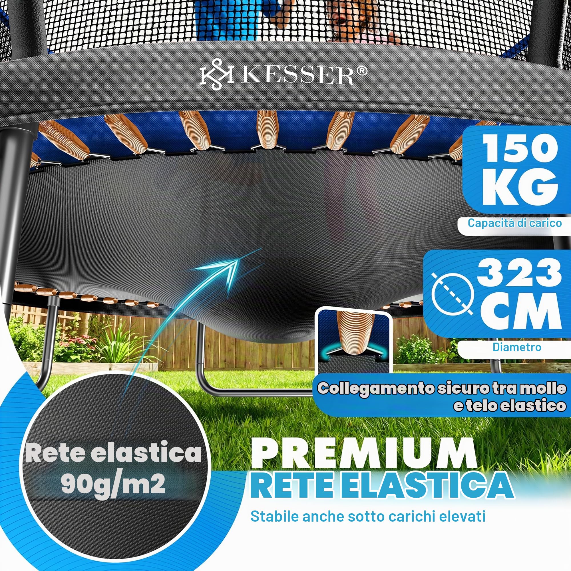 Kesser® Trampolino da giardino Ø 244/305/366/427 cm, certificato GS, trampolino per bambini e adulti < 150 kg con rete di sicurezza, sacca, scala, copertura per il bordo e barre della rete