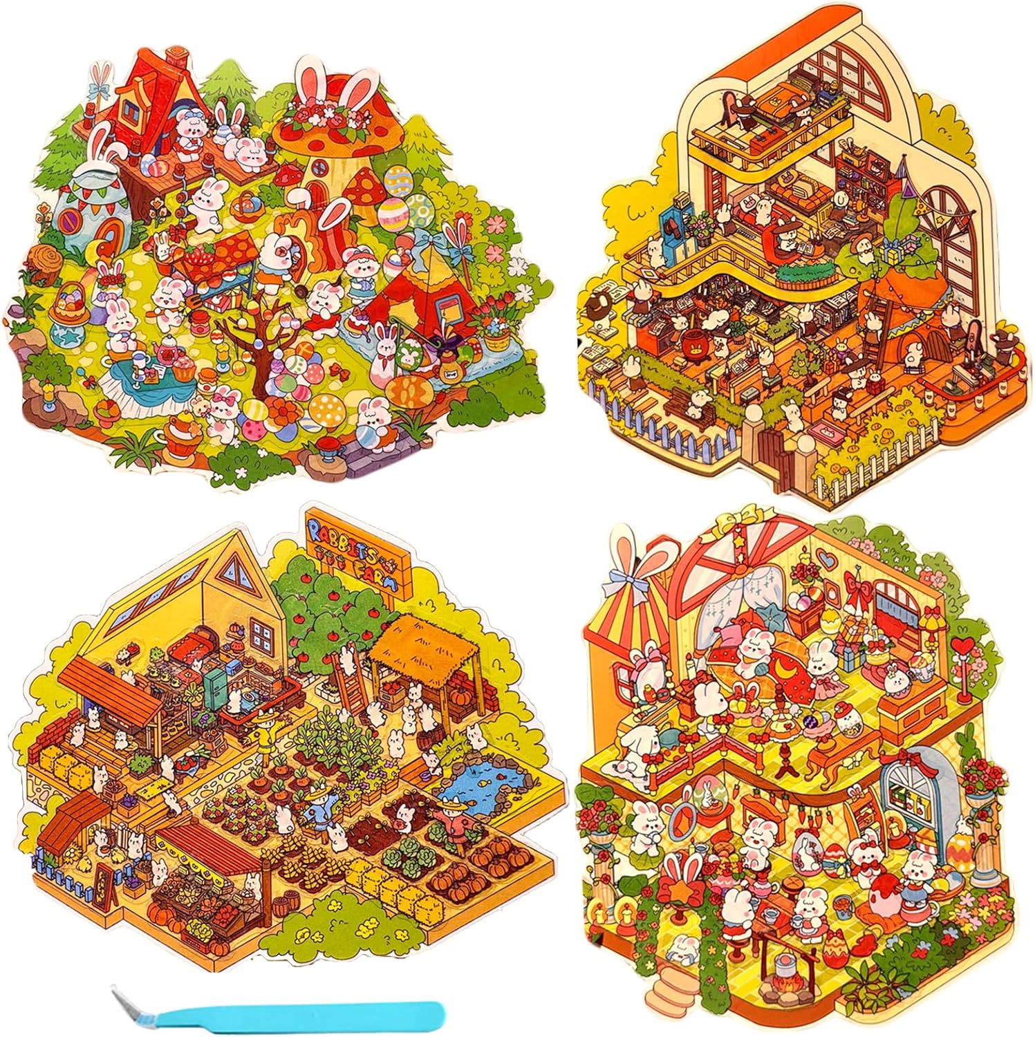 2 Sets DIY 3D Large Rabbit House Scene Stickers with Tweezers Make Your Own Carrot and Chocolate Factory Sticker Scenes Cute Micro Room Stickers for Relief Stress Pass The Time