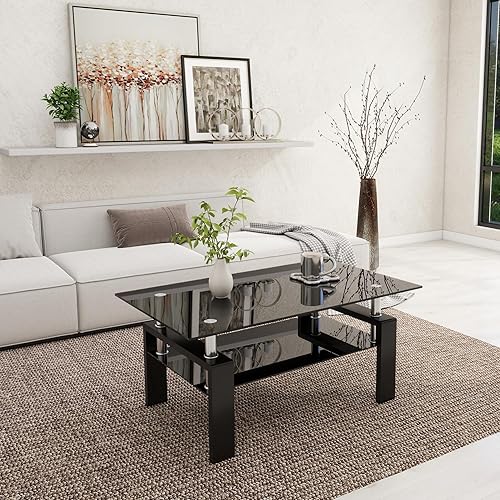 Miniatura 28 de Meihua Mesa de centro rectangular de vidrio de 2 niveles, mesa de centro moderna para sala de estar Claro,Todo negro,multicolor/fantasía (All