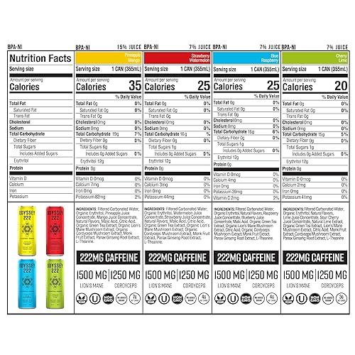 Miniatura 15 de Odyssey - Bebida energética 222, preentrenamiento, 222 mg de cafeína, bebidas energéticas limpias, L teanina, melena de león, cordyceps y té verde