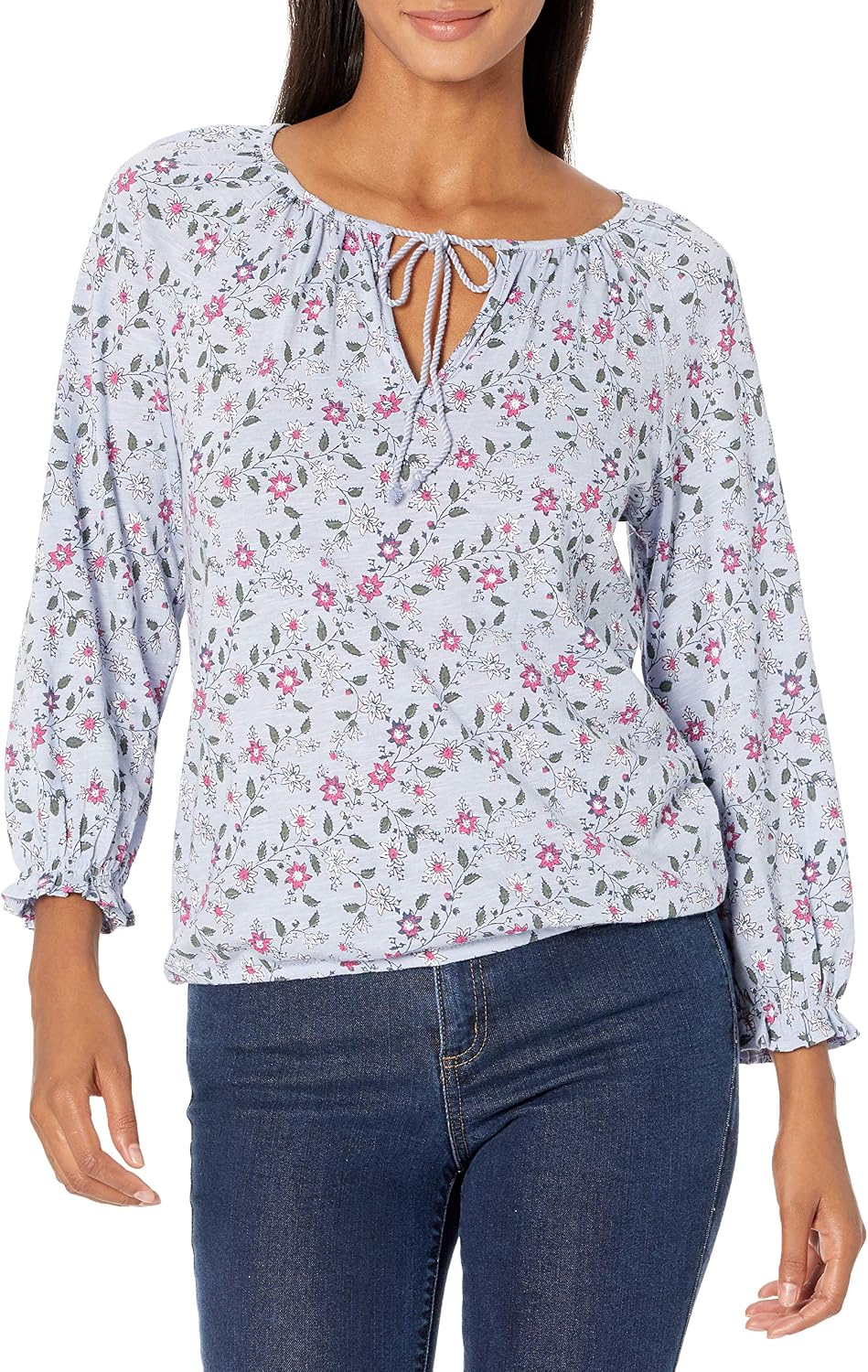 Long Sleeve V-Neck Printed Peasant Top 