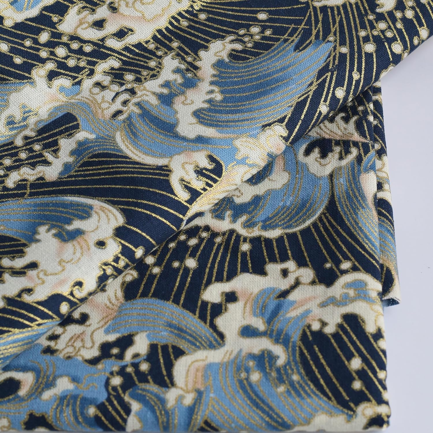 Sea Wave Fabric,160 GSM Japanese Blue Cotton Fabric Gold Hot Stamping,59 Inches Wide for Sewing Clothing Bag Tablecloth Sofa Pillow DIY Craft (3 Yard pre Cut)