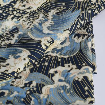 Sea Wave Fabric,160 GSM Japanese Blue Cotton Fabric Gold Hot Stamping,59 Inches Wide for Sewing Clothing Bag Tablecloth Sofa Pillow DIY Craft Cut by the Yard