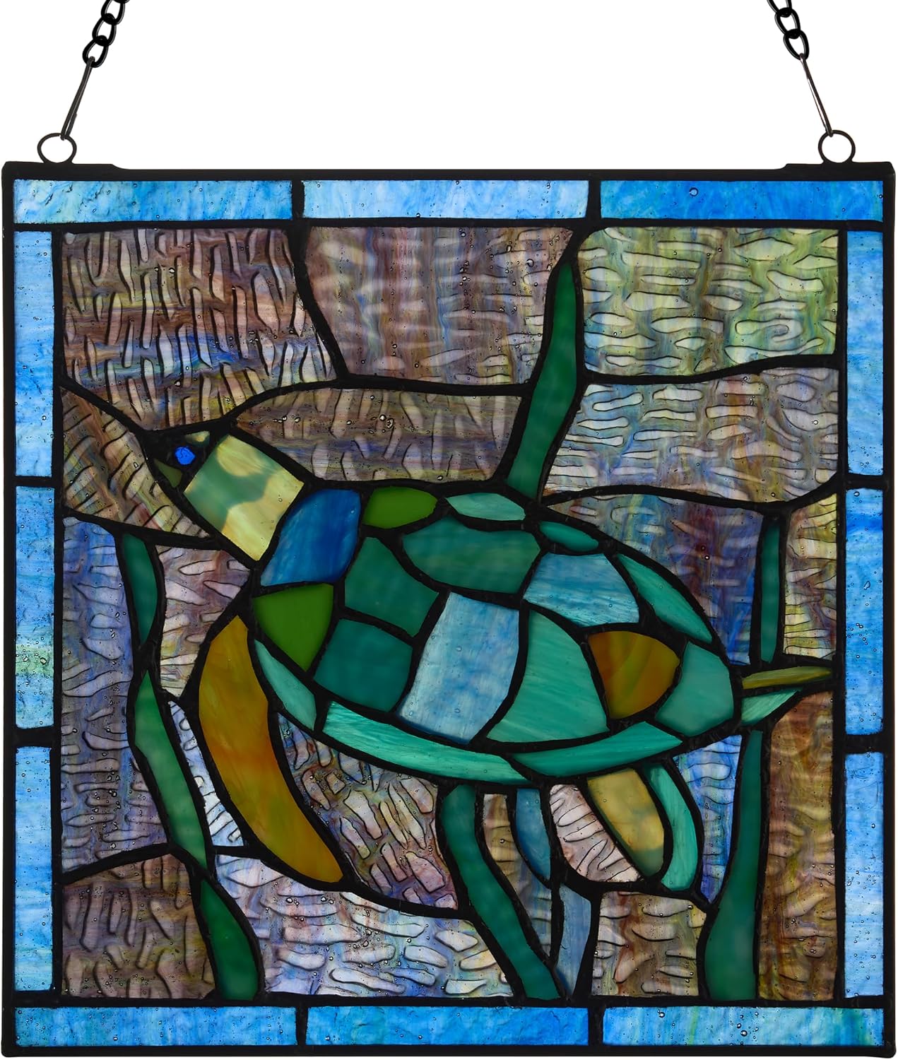 RIVER OF GOODS 10.5" Stained Glass Window Panel - Tiffany-Style - Hanging Large Suncatcher, Decorative Glass Wall Décor, Sea Turtle