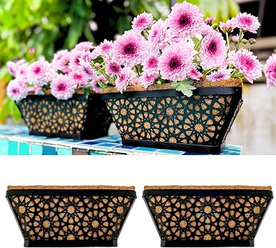LaLaGreen Window Planter Boxes for Outdoor Plants 12 Inch, 2 Pack, Small and Cute Black Metal Fence Hanging Planters Flower Basket Pot with Coco Liner Trendy Horse Troughs Balcony Patio Porch Rail