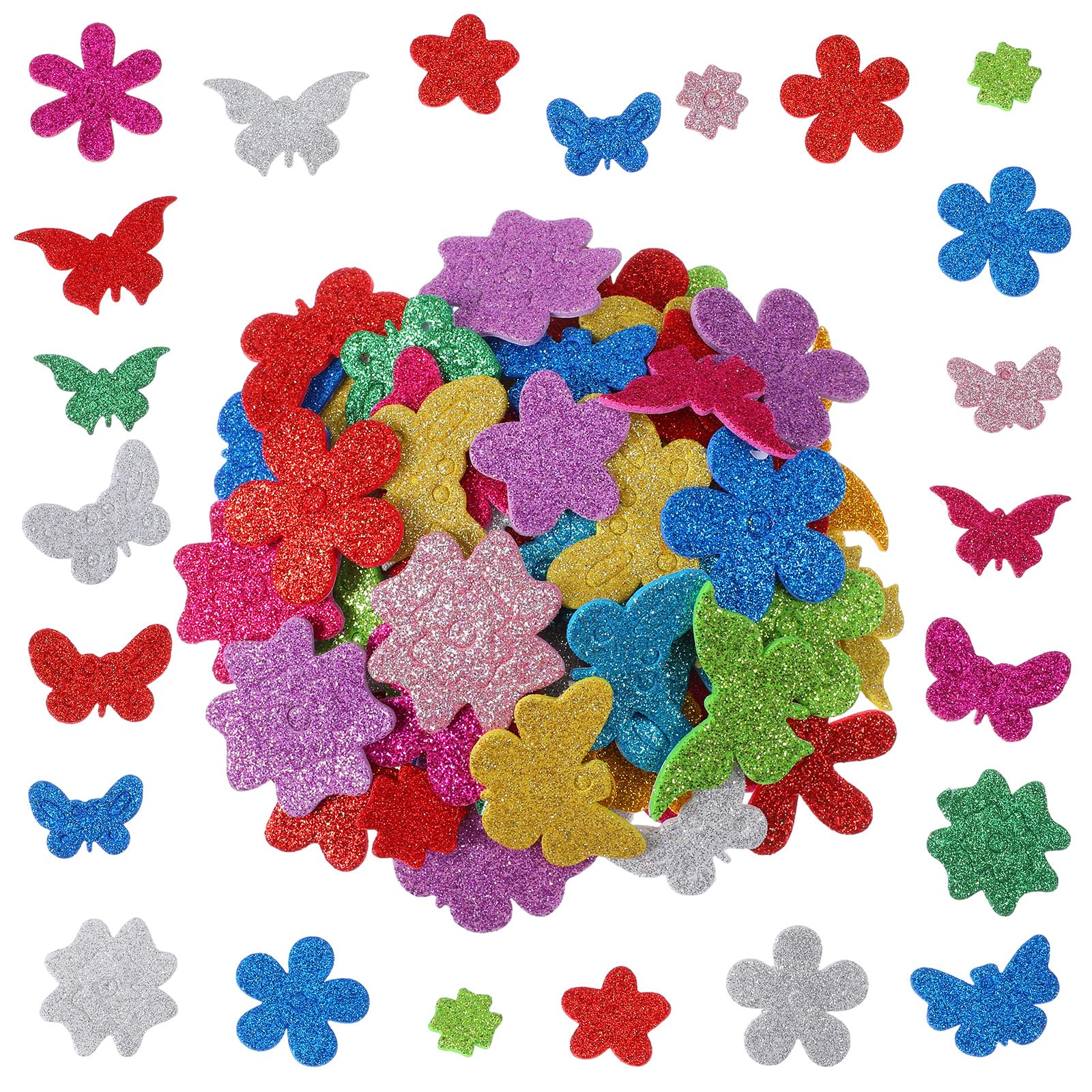 200 PCS Glitter Foam Stickers for Kids Crafts Colorful Self Adhesive Butterfly Flower Stickers for Crafts Glitter Foam Shape Sticker for DIY Supplies Greeting Cards Home Decoration