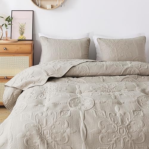 Miniatura 3 de Juego de ropa de cama de damasco beige tamaño California California King con 2 fundas de almohada, colcha bohemia de gran tamaño, ligera, suave,