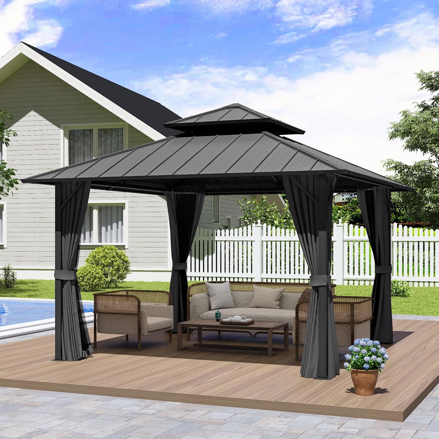 12′ x 12′ Hardtop Gazebo, Aluminum Frame with Double Galvanized Steel Roof, Outdoor Metal Gazebo with Netting & Curtains for Backyard, Garden, or Deck, Grey