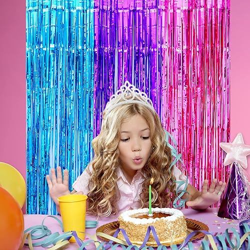 Miniatura 7 de LOLStar Decoraciones de cumpleaños de Sirenita, paquete de 2 cortinas de flecos de papel de aluminio de oropel azul púrpura fucsia de 3.3 x 6.6