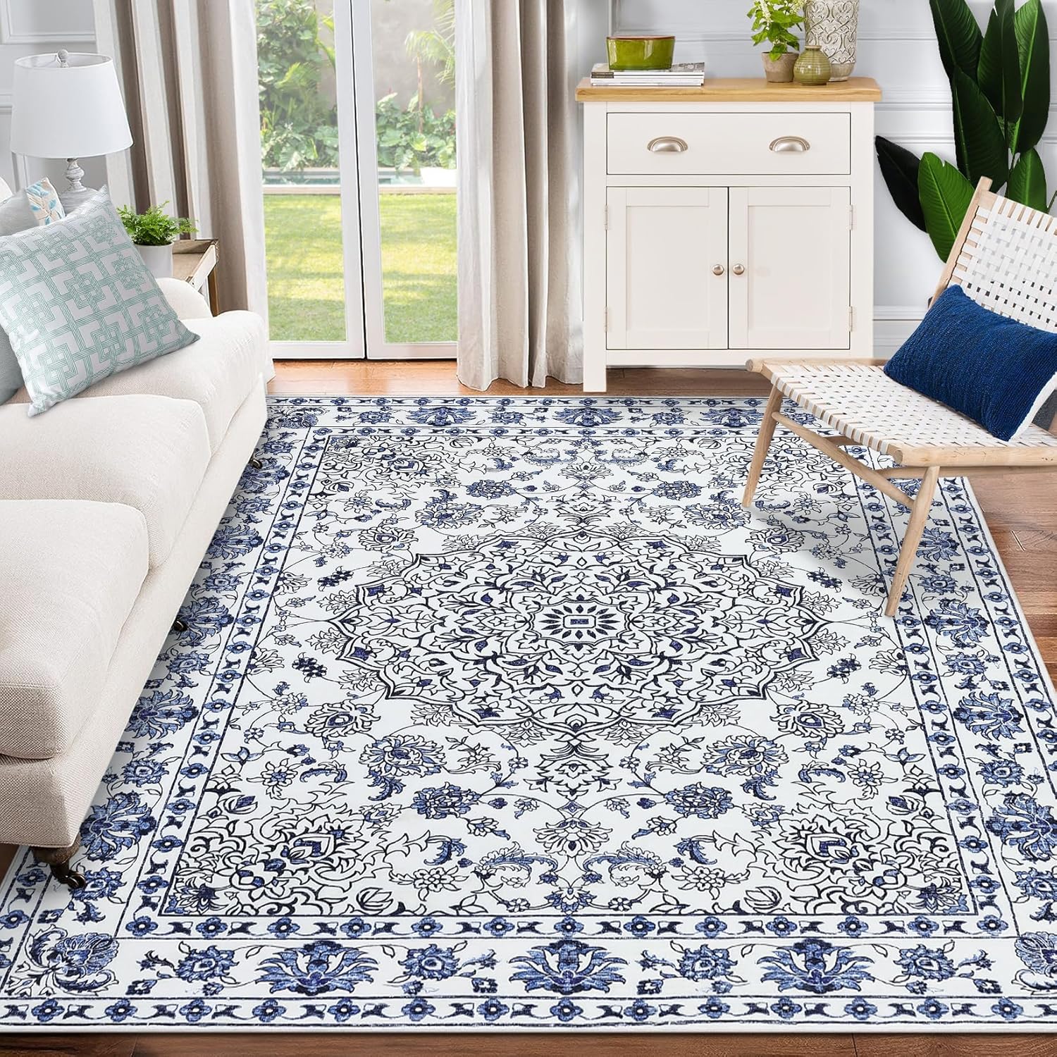 vintage medallion washable area rug - non-slip low-profile indoor carpet for living room, bedroom & dining room 8' x 10' (rectangular) blue-white