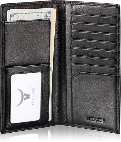 HISCOW Cartera larga de cuero delgada para hombres y mujeres, piel de becerro italiana, cartera con bolsillo en el pecho para chequera, tarjetas de