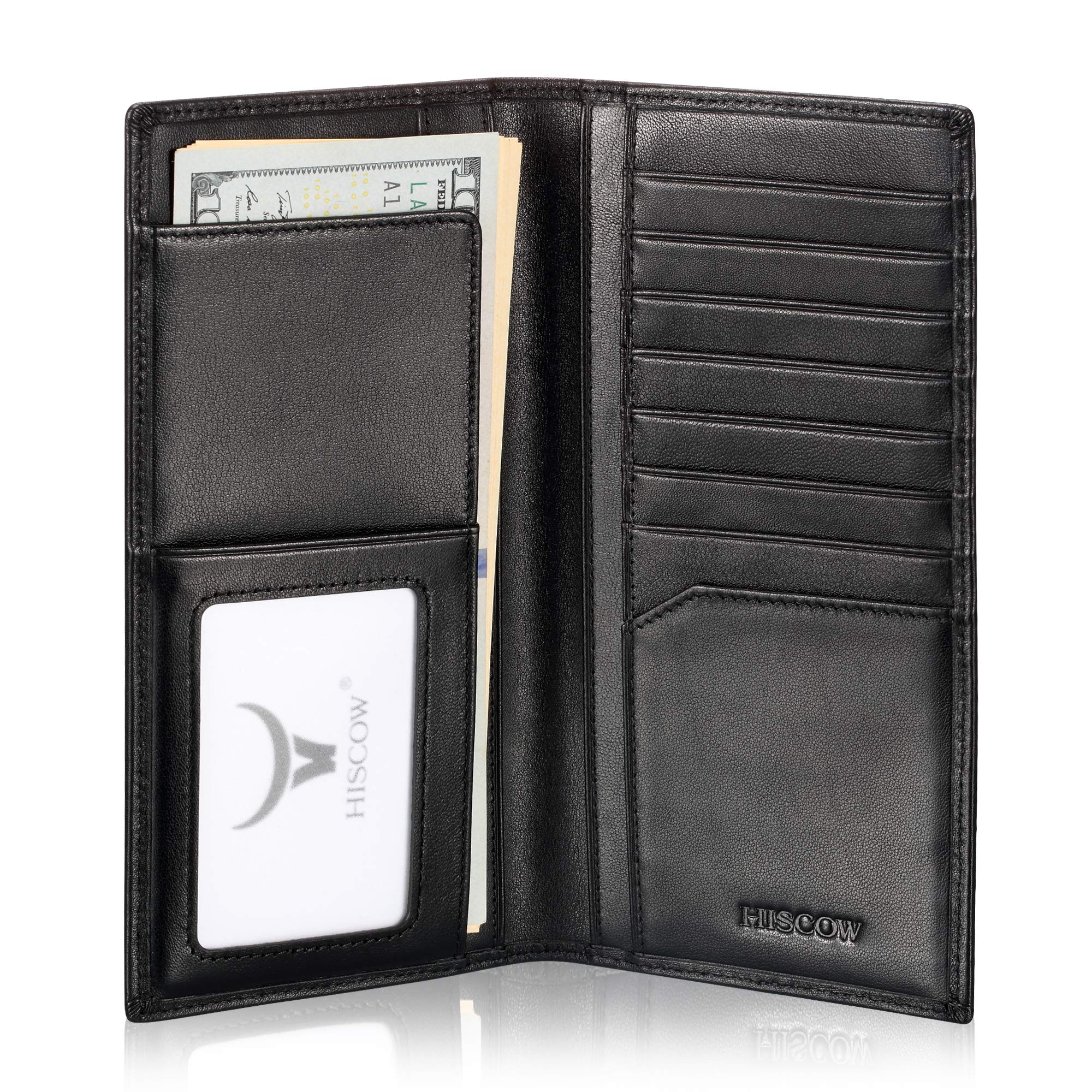HISCOW Bifold Long Wallet Black with Large Cash Compartment - Italian Calfskin