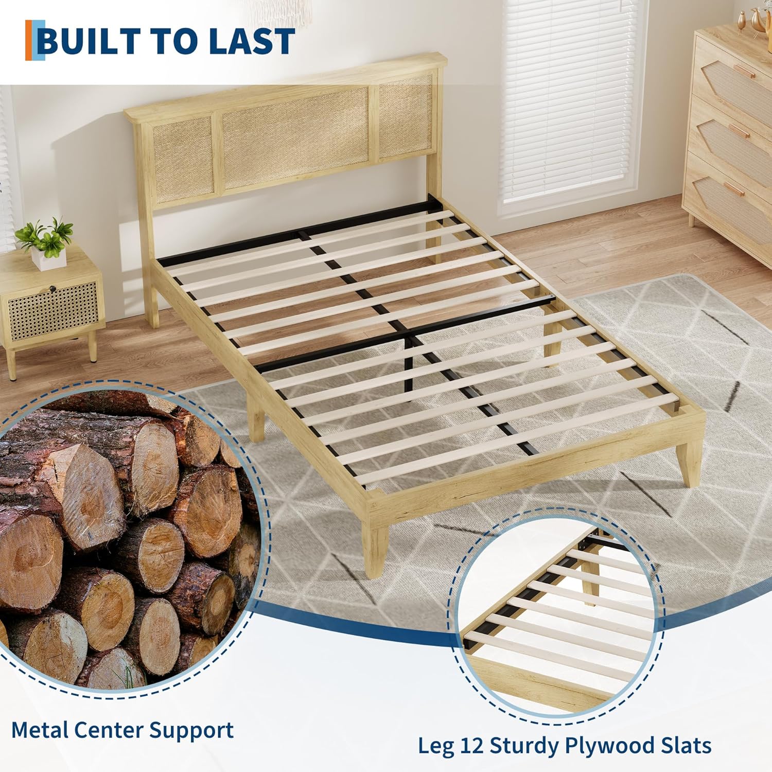 GarveeHome Full Bed Frame with Natural Rattan Headboard, Sturdy Metal Base with Durable Wooden Slats, Boho-Style Cane Mattress Support, No Box Spring Needed