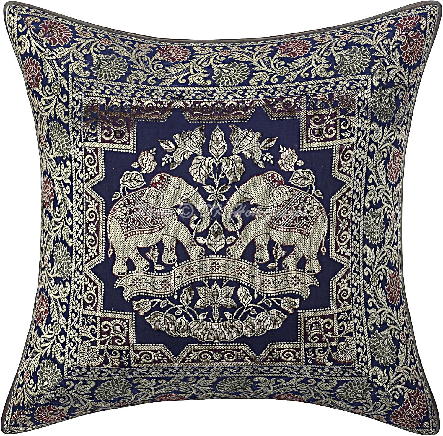 Decorative Throw Cushion Covers 16 x 16 Inch Brocade Jacquard Weave Indian Square Elephant Cushion Covers (Size - 40x40 cm ; Color: Navy Blue & Gold) - Set of 5 Pcs (Cover Only)