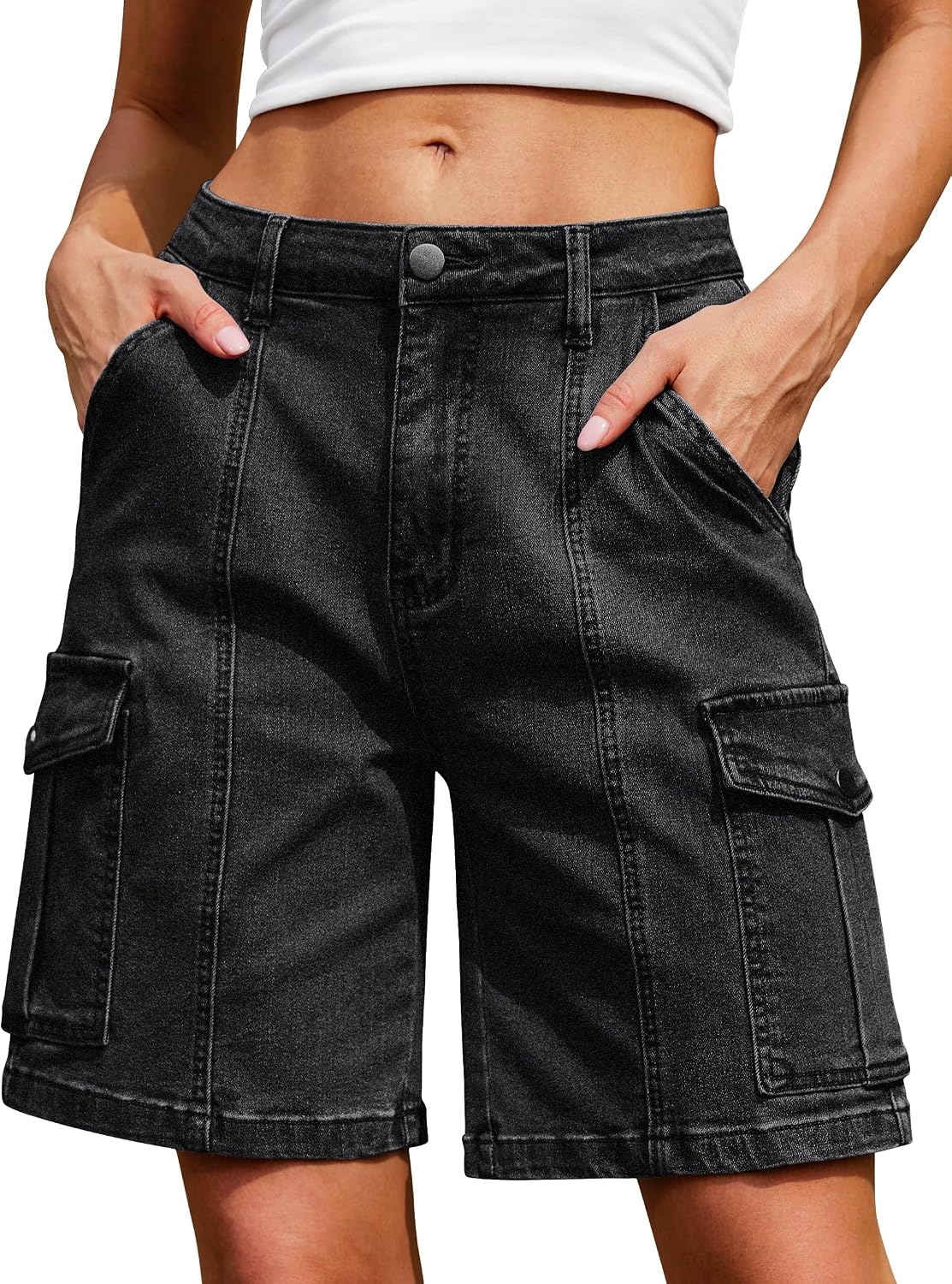 IWD Bermuda Cargo Denim Shorts for Women Knee Length 6 Pockets Elastic Waist Long Jorts for Summer Casual