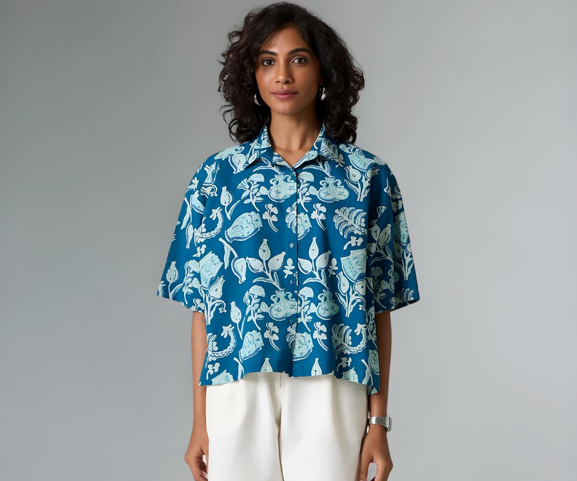 Women's Floral Print Summer Crepe Regular Fit Shirt| Short Sleeve Button Down Casual Blouse| Lightweight Beach Vacation Top for Women