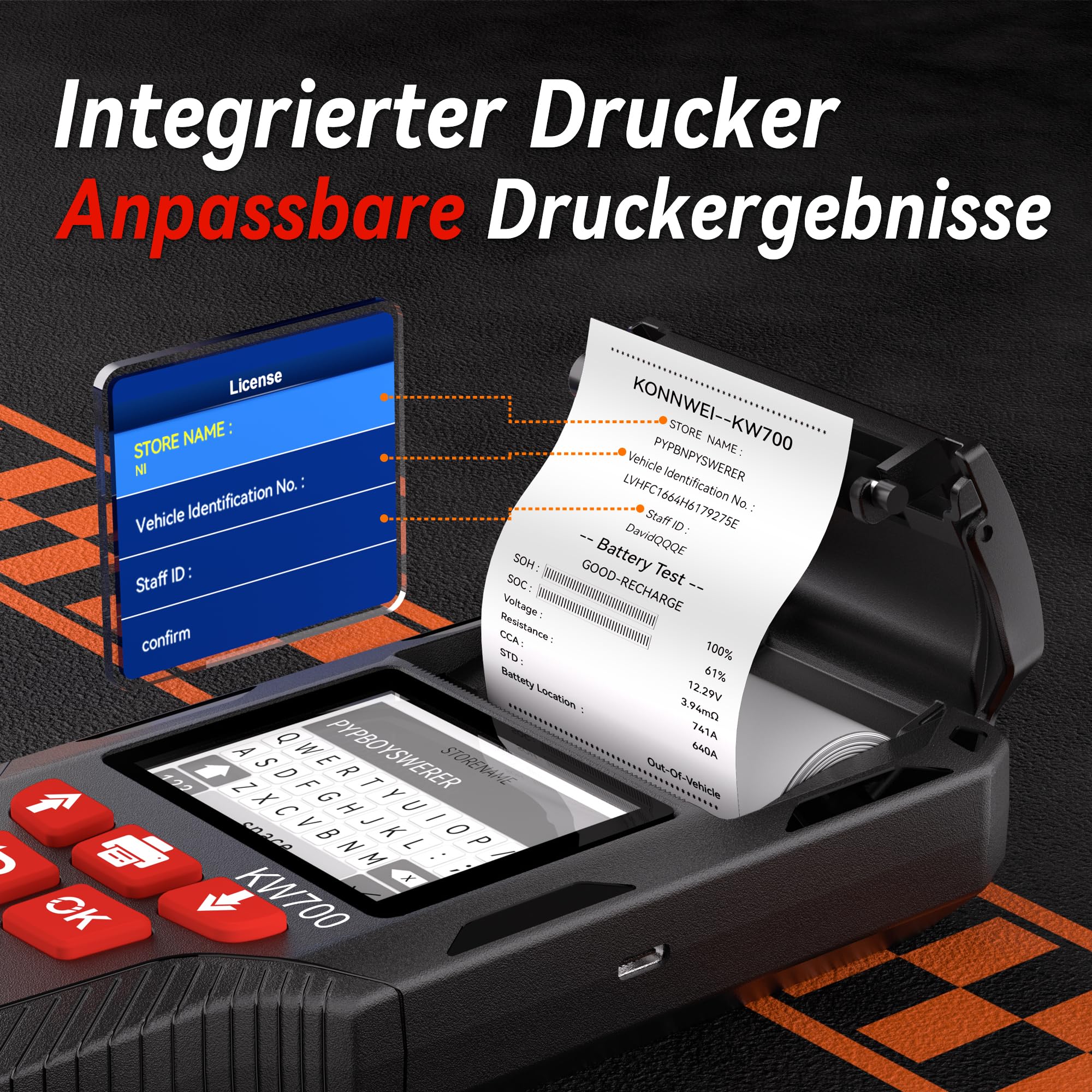 KONNWEI KW700 Batterietester mit Drucker 12V 24V Mit Druckerpapier | Batterie Tester Batterie Lasttester mit 10-2000 CCA, Anlassprüfung Ladetest Lichtmaschine Tester für KFZ LKW Motorrad
