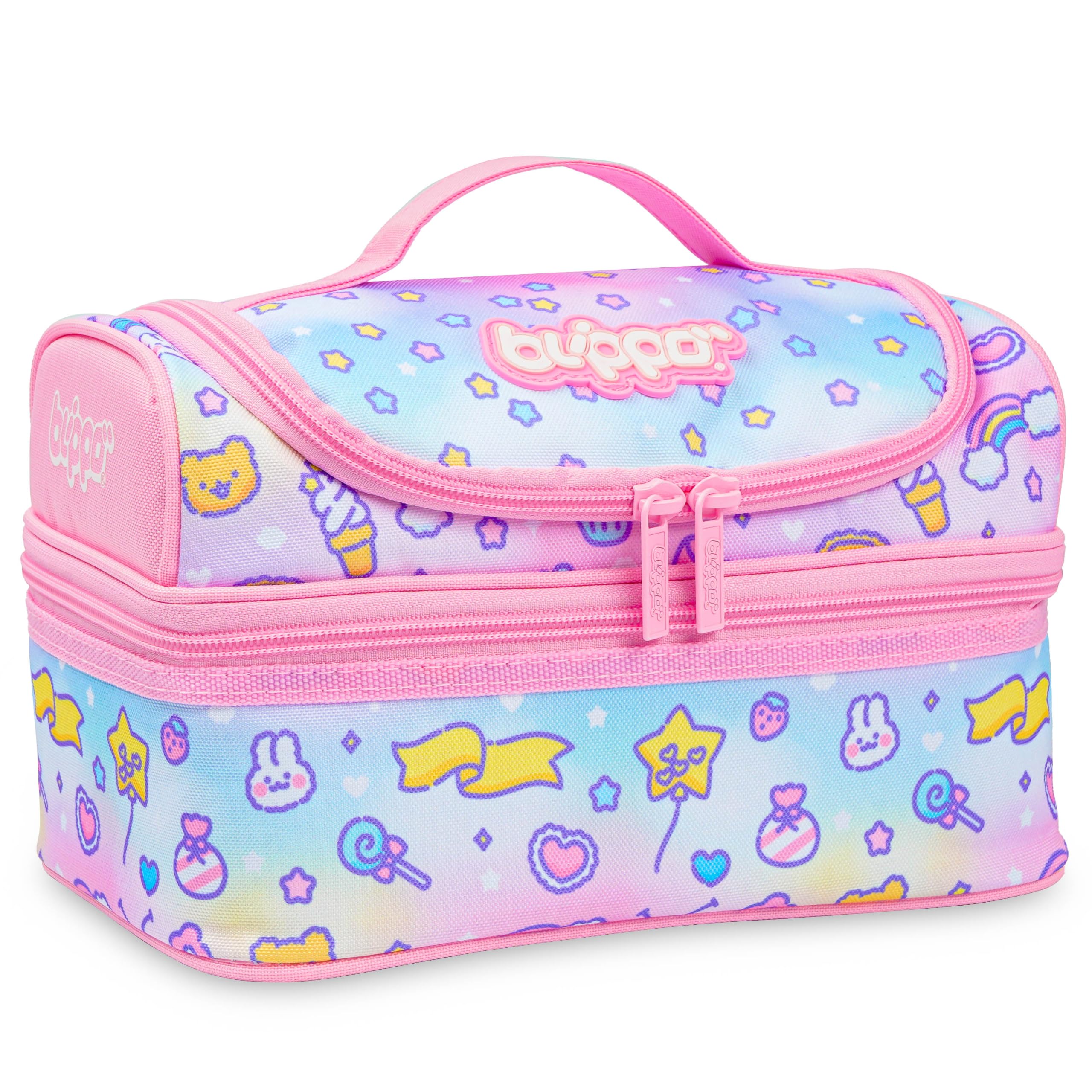 Blippo(r) Pink Lunch Box for Girls - Insulated Lunch Box for Kids - Dual Compartment Lunch Bag for Girls - Kids' Lunch Bag for School - Cute & Kawaii Lunchbox Design - Double Decker & Spacious Lunchbag