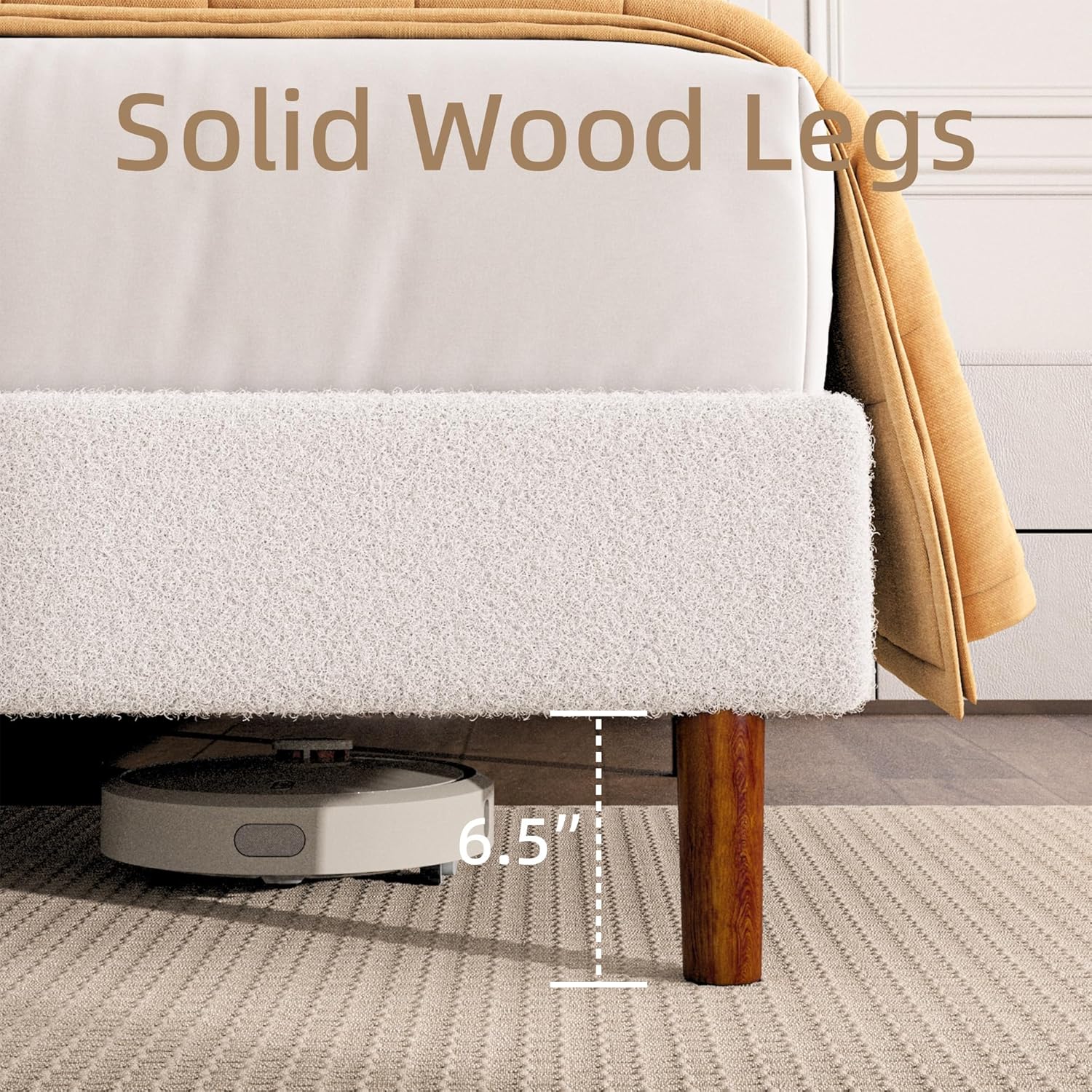 Queen Size Boucle Platform Bed Frame with Adjustable Headboard, Upholstered Cloud Bed, Solid Wooden Legs, Easy Assembly, No Box Spring Needed, White