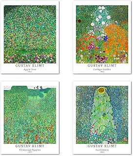Wall Art Unframed Prints Giclee Art Paper Set of 4, 11x14 inch Flower Artwork, Kitchen Decoration Abstract Green Botanical Rustic Plant Nature Landscape Wildflower Wilderness Gustav Klimt Paintings