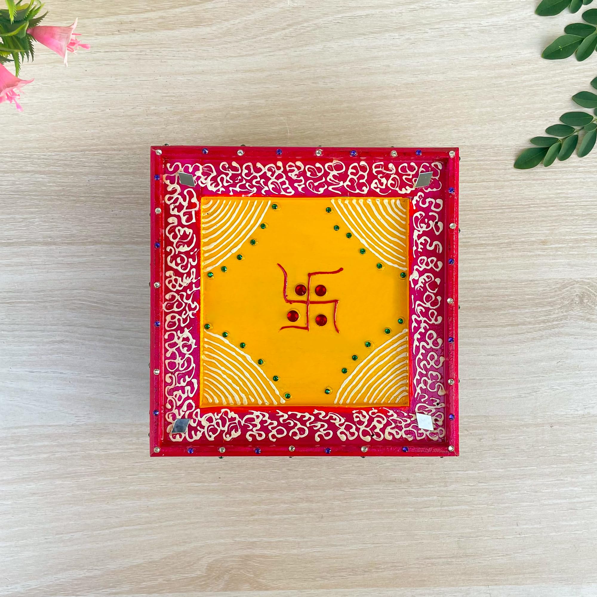 Ritwika's Handcrafted Kundan Mina Work Wooden Puja Chowki - Perfect for Worship, Traditional Home Decor, MATA ki Choki, Navratri, Ganesha, and Krishna Laddu Gopal God Idols | Set of 1, Religious 2