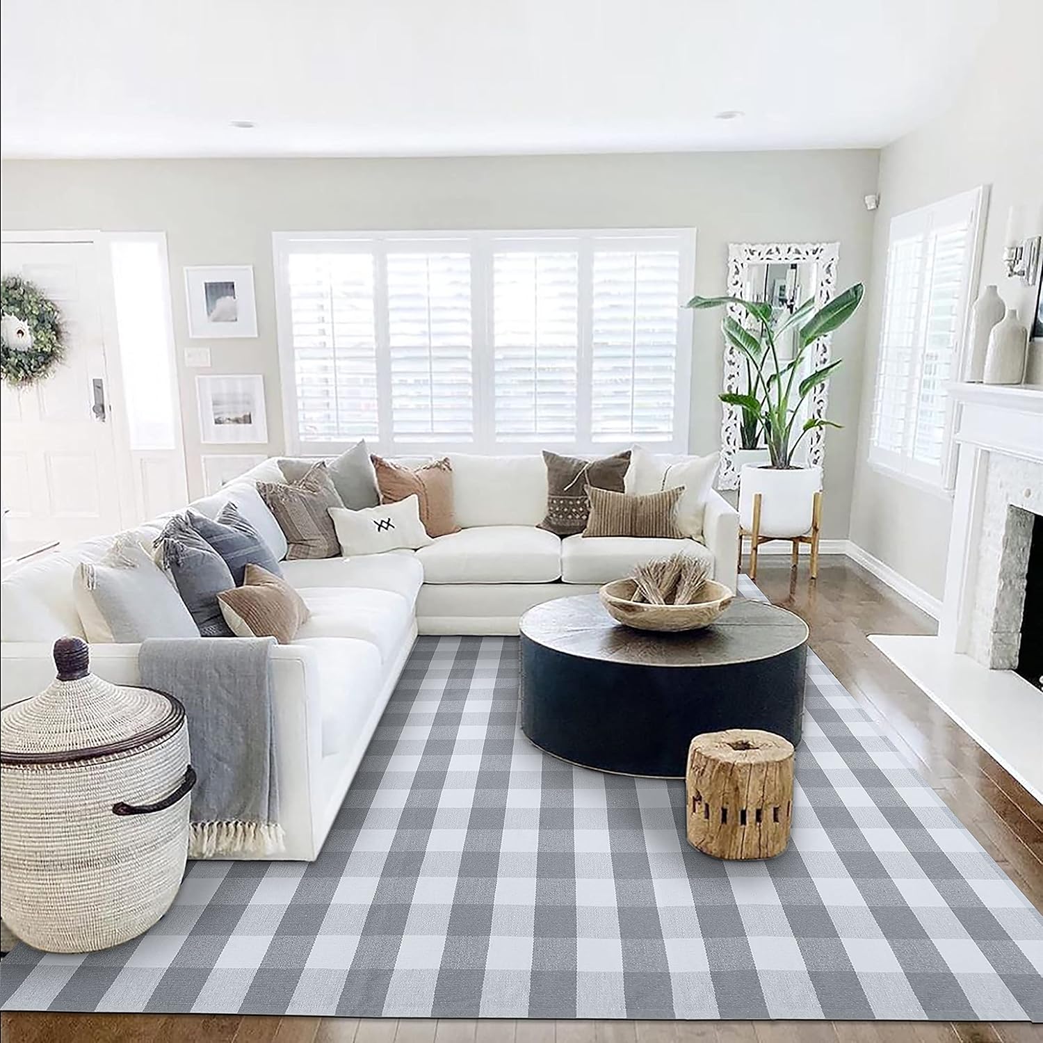 KOZYFLY Buffalo Plaid Area Rug 8 x 10 Ft Gray and White Checkered Rug Washable Outdoor Patio Rugs Cotton Rugs for Living Room Carpet for Living Room Outdoor Dining Room Bedroom Farmhouse Rug Grey and White 8' x10'
