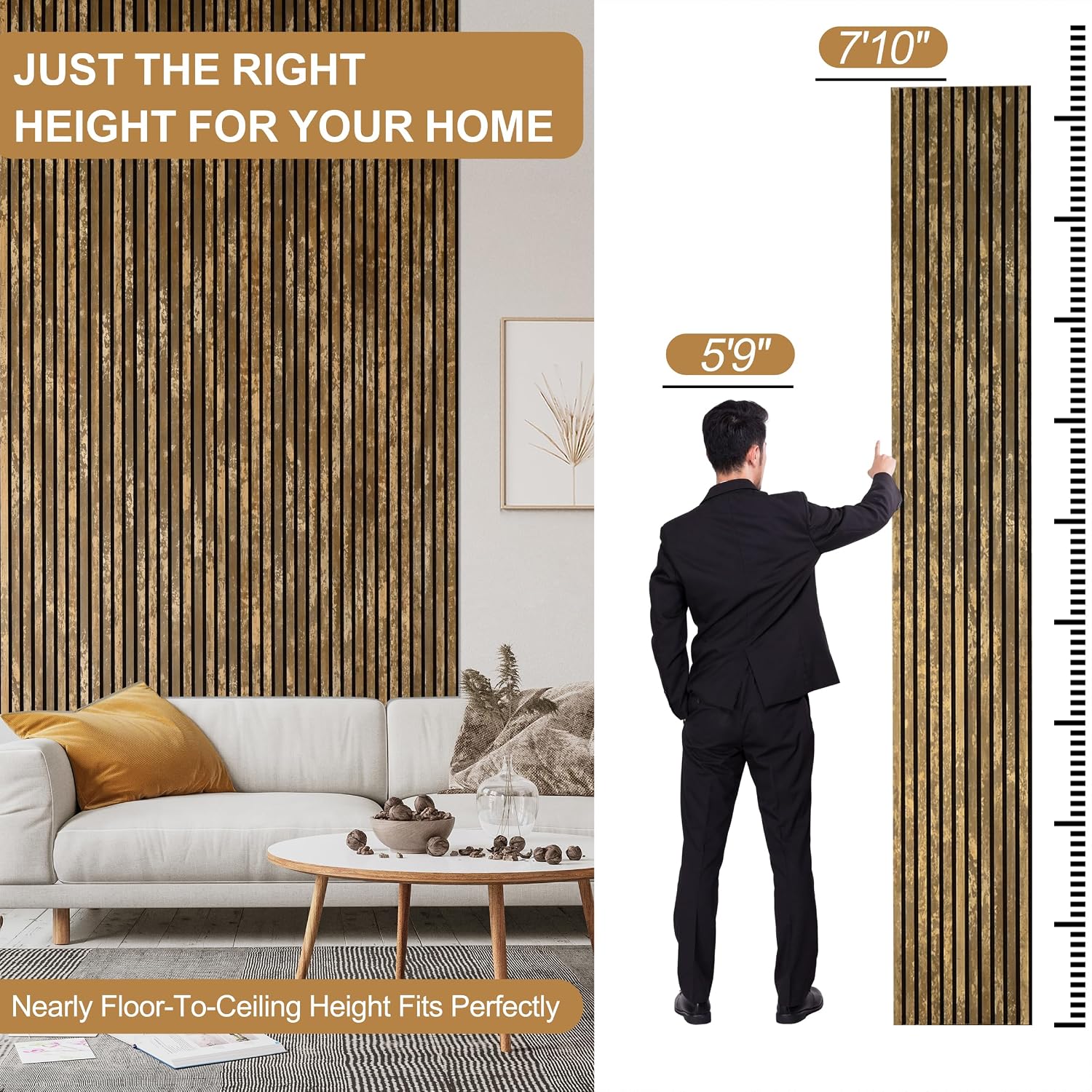 Wood Slat Acoustic Wall Panels for Interior Wall Decor – Vintage Retro Metal-Look Decorative Wall Paneling, Sound Absorbing Panel for Accent Wall, Studio & Home Office (Antique Brass Patina)