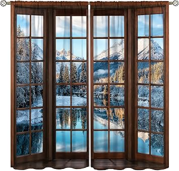 Snowy Mountain Winter Landscape Decor Curtains for Bedroom,Nature Snowy Winter Forest Cold Ice Cubes Lakes Snowflakes Scenery Window Drapes Print for Boys Girls Kitchen Living Room 42x45in