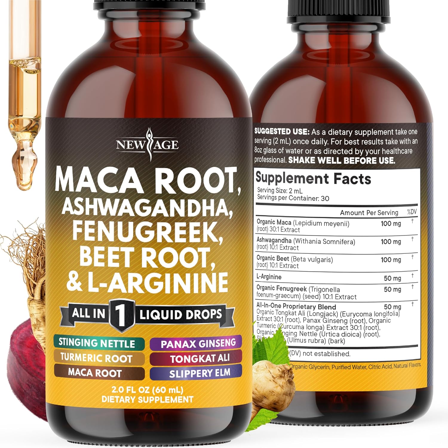 Organic Maca Root Liquid Drops with Ashwagandha, Nettle, Fenugreek, Beet Root and L-Arginine Liquid Multivitamin for Women and Men