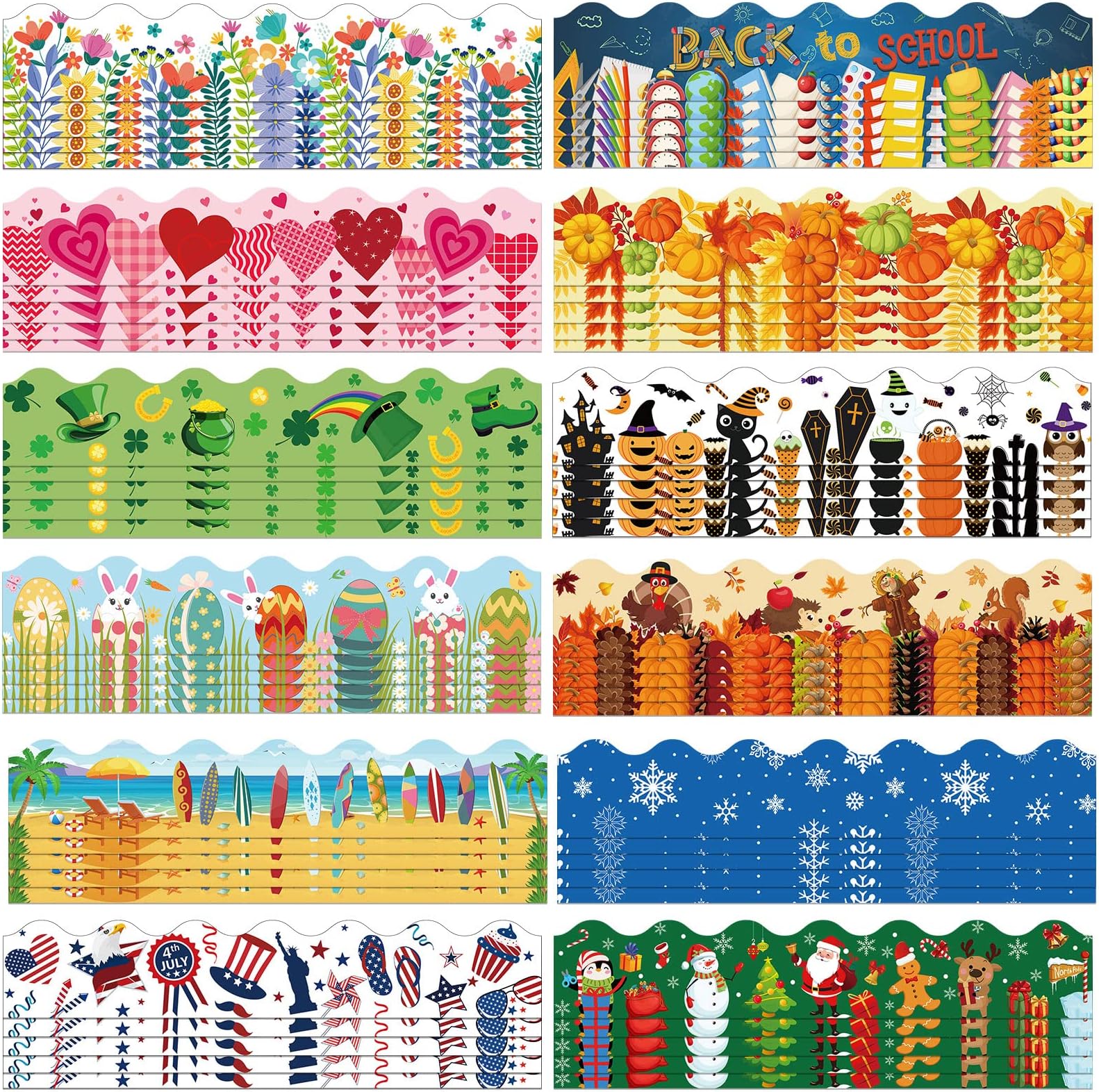 Geyee 360 Pcs Holiday Bulletin Board Borders Seasonal Bulletin Board Decorations Summer Beach Classroom Trim for Classroom School Wall Decor, 12 Design(Stylish)