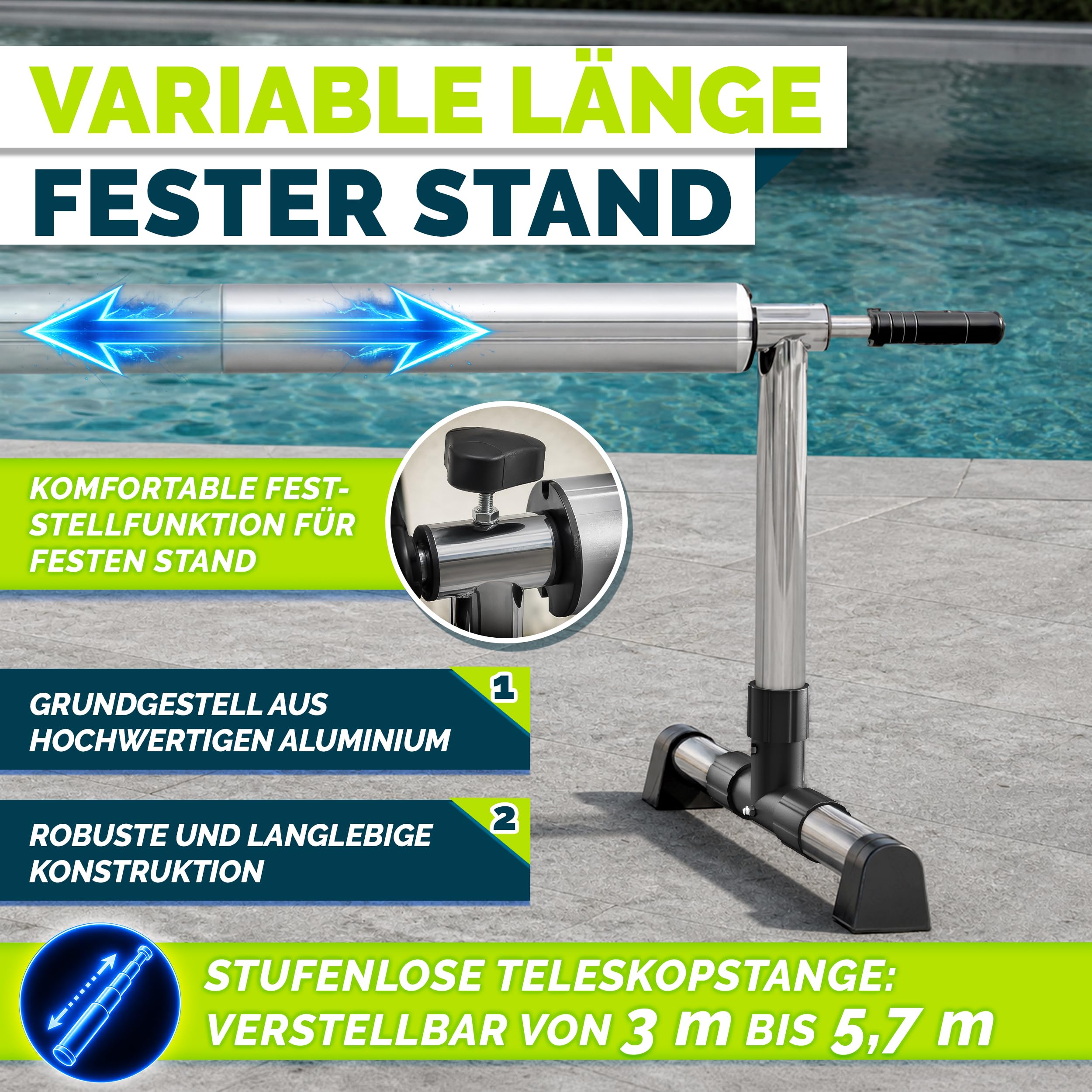 tillvex Pool Aufroller Premium 3-5,70 m mit Vollgummireifen inkl. Thermometer & Bänder | Aufrollsystem für Solarfolie | Aufrollvorrichtung für Poolplane & Abdeckung | witterungsbeständiges Material