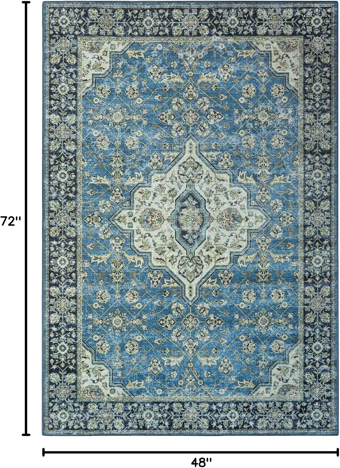 BNM Classic Damask Medallion Border Area Rug with Cotton Backing, Washable, Perfect for Bedroom, Kitchen, Playrooms, Dining Room, and Entryway, Pet and Kid Friendly, Floor Covering, 4' x 6', Blue