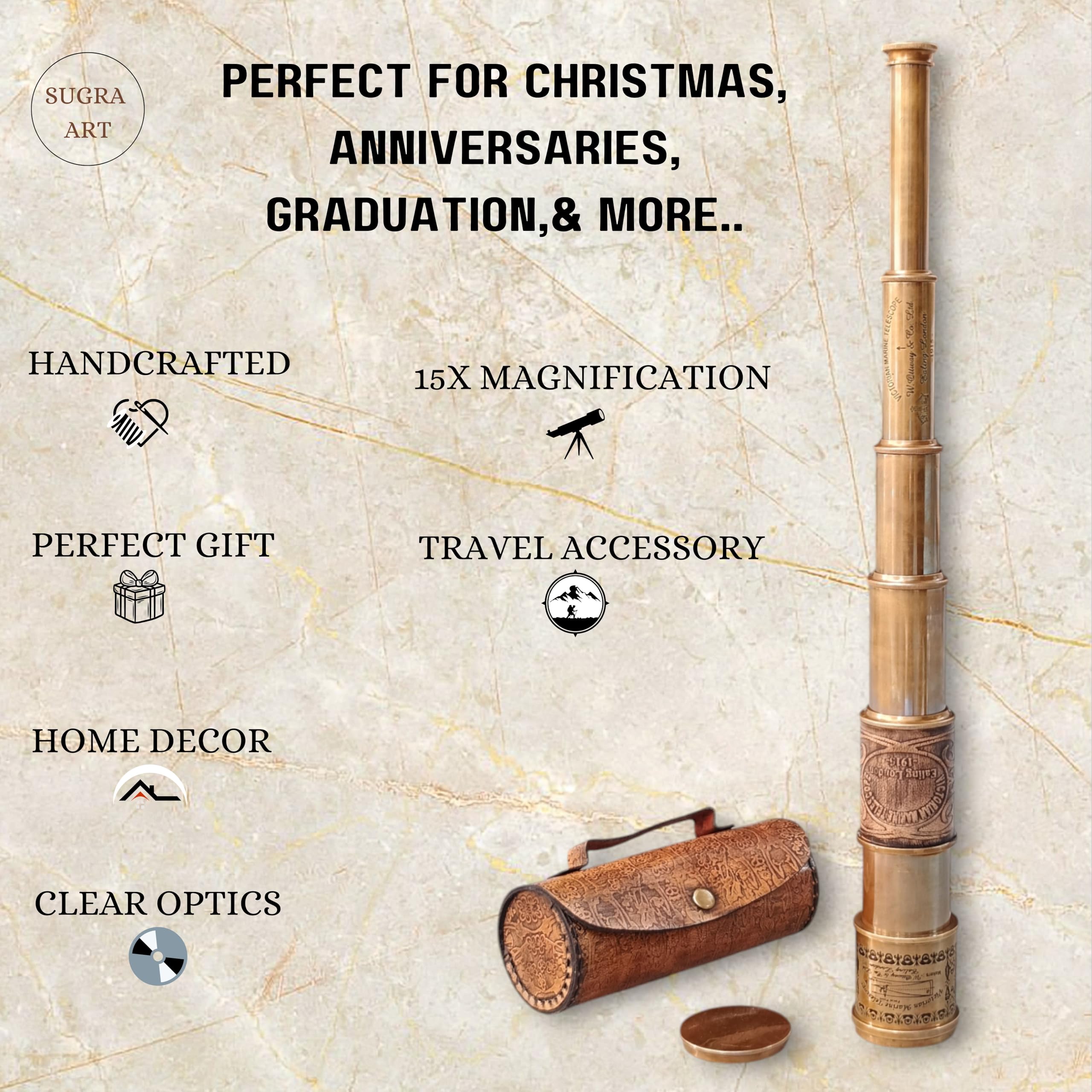 Antique Brass Pirate Telescope – Vintage Handheld Spyglass – Nautical Monocular Telescope for Kids, Cosplay, Décor, or Gifts – Foldable Brass Scope with Leather Box