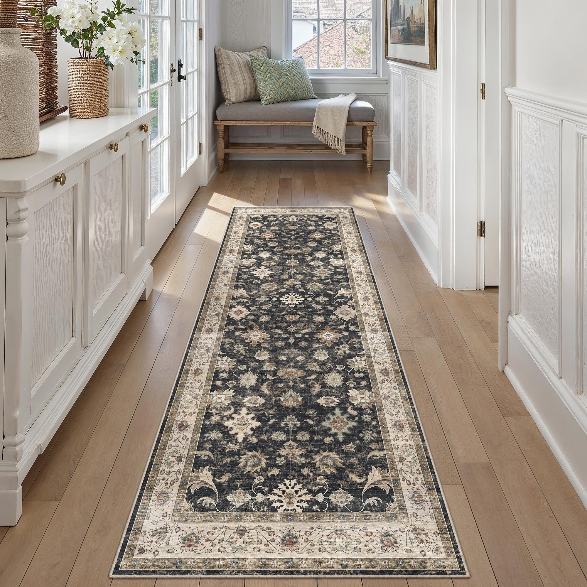 PureCozy Teppich Wohnzimmer Waschbarer Blumenmuster kurzflor rutschfest Weich Bumen Boho Vintage Teppiche