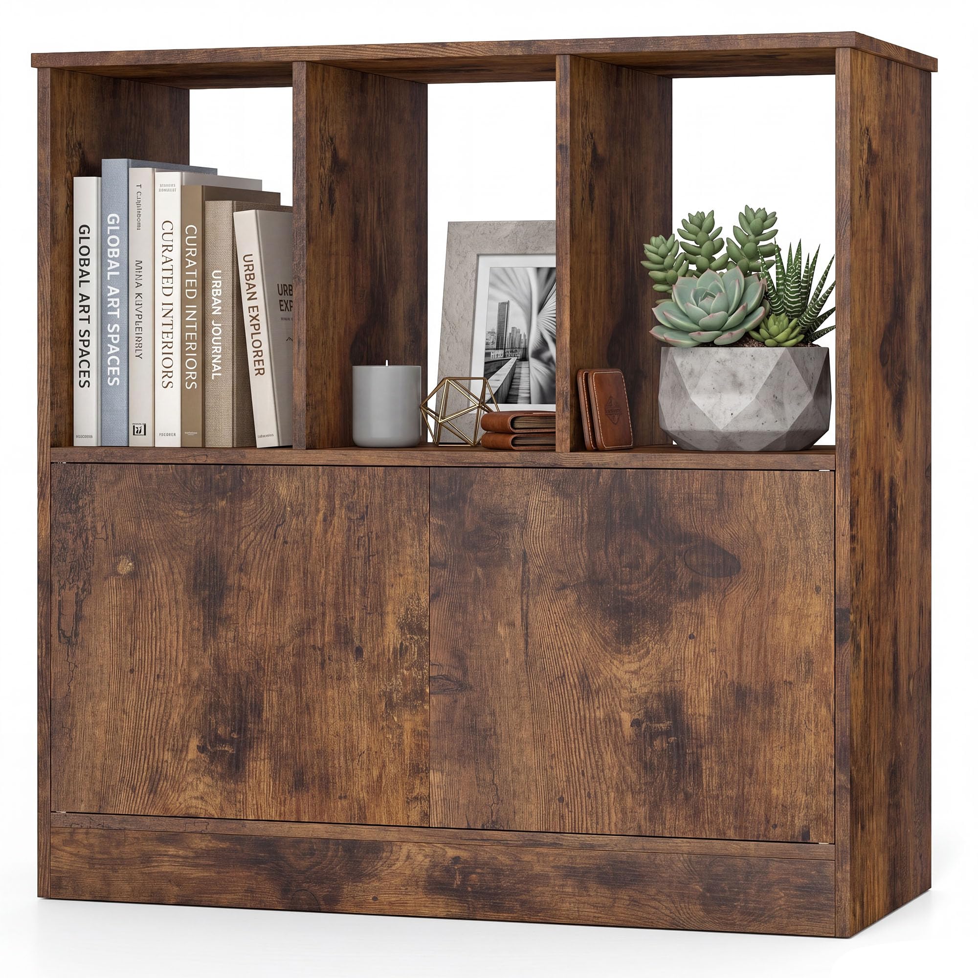 KOMFOTTEU Librería con 3 Compartimentos Abiertos, Estantería para Libros con Armario de Puertas, Mueble de Almacenamiento con Dispositivo Antivuelco para Salón, Oficina, 70 x 30 x 70 cm (Marrón)