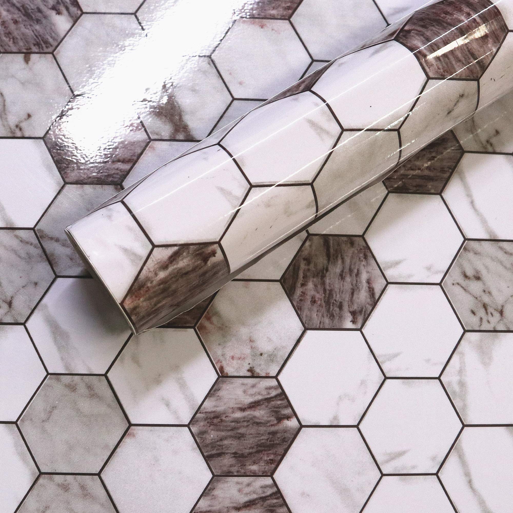 Hexagon Marble Peel and Stick Wallpaper for Countertops Waterproof Self Adhesive Wallpaper Peel and Stick Backsplash for Kitchen 17"x78.7"/Roll