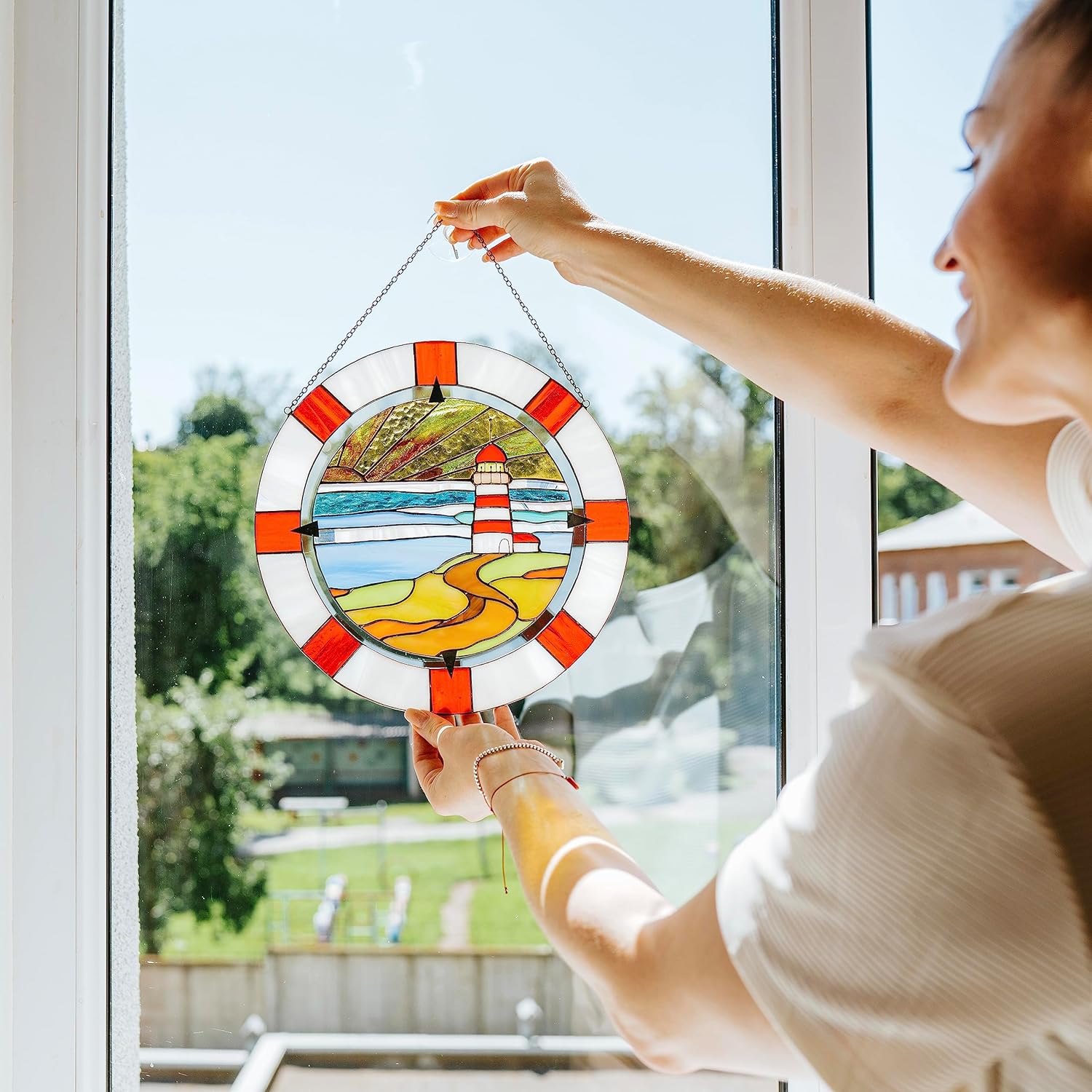 Stained Glass Window Hanging – Lighthouse Decor for Windows – Lovely Glass Suncatcher for House Decoration – Colorful Stained Glass Adornment – Original Gift Idea