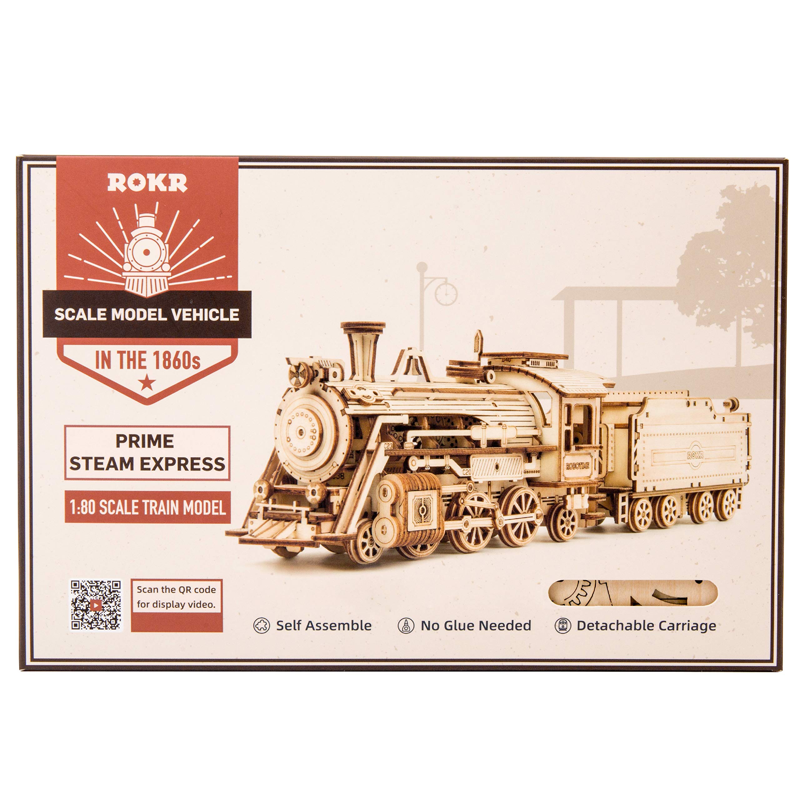 ROKR Modello di Treno in Legno 3D - Locomotiva Modellino Meccanico in Legno - Modellini da Construire - Regali per bambini e adulti (Prime Steam Express)